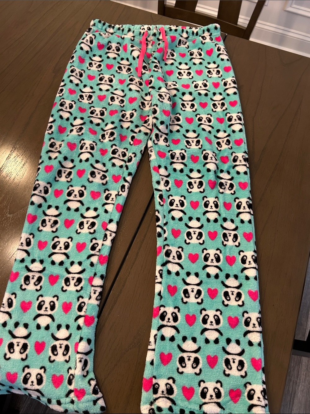 Aqua Panda Fleece Pajama Pants with Pink Hearts